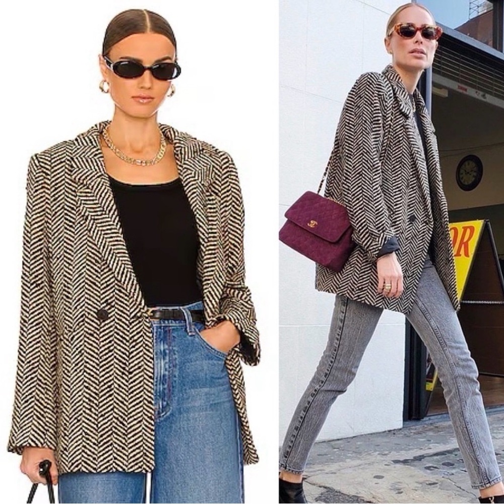 Anine Bing- Double Breasted Fishbone Blazer in Cream / Black Size Small Workwear